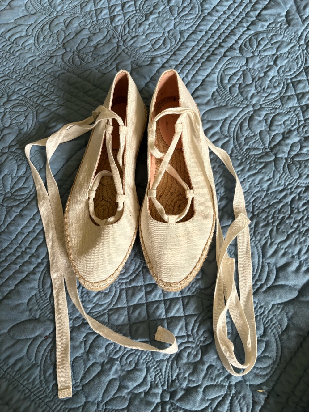 J. Crew Cream White Canvas Espadrille Lace-Up Ballet Flats 8